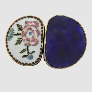 VTG Cobalt Blue Cloisonné Enamel Brass Trinket Box Floral Oval Hinged Jewelry 2"